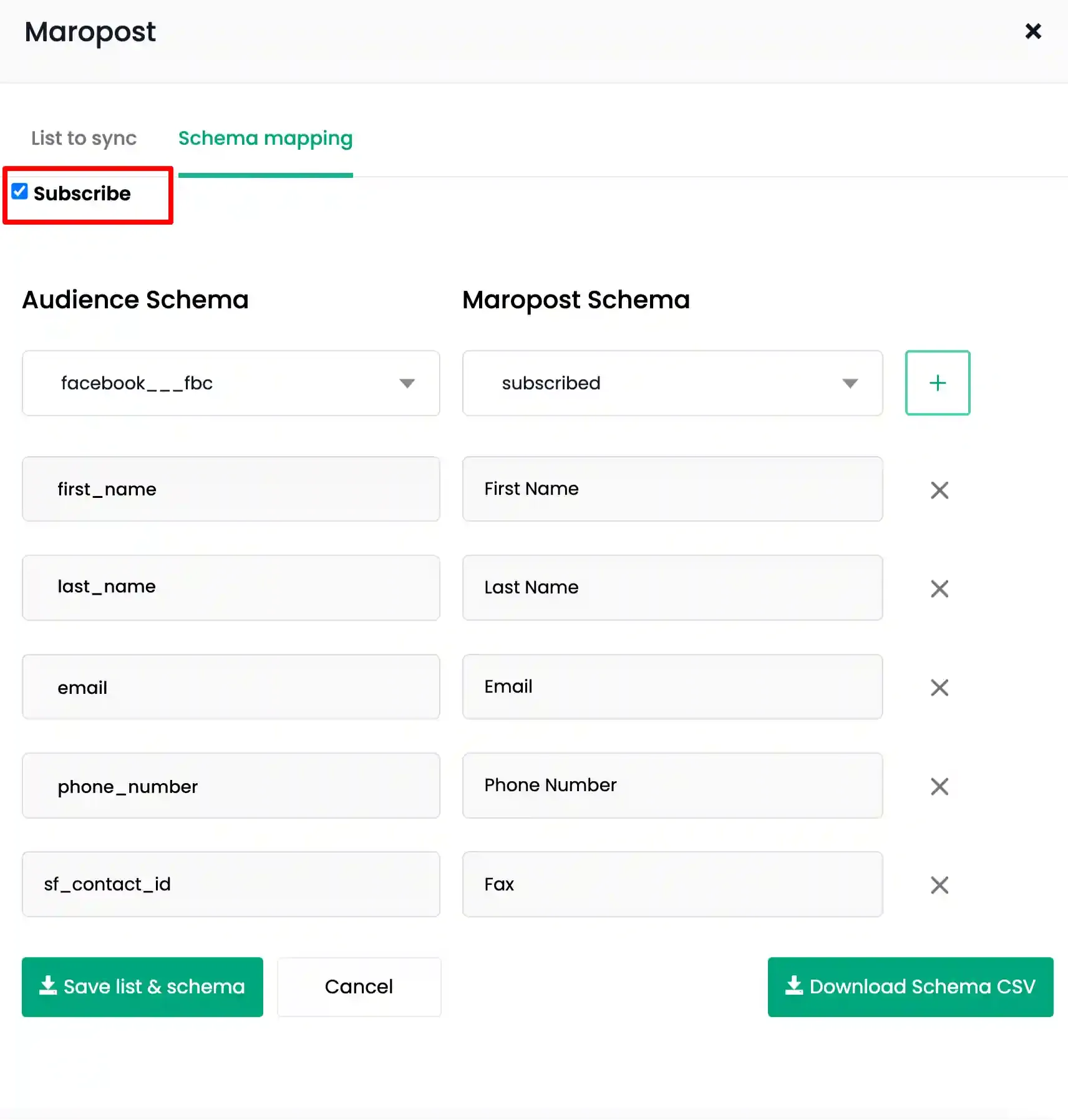 Subscribe checkbox enabled in Maropost schema mapping