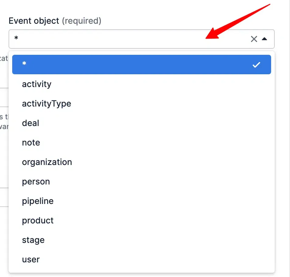 Event action selection for the Pipedrive webhook