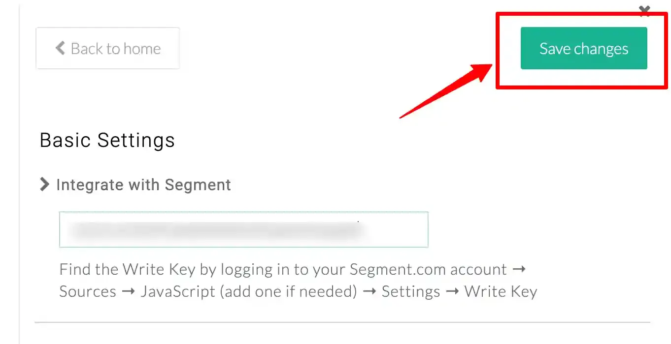 Pasting the Segment Write Key in CustomerLabs Configuration Settings