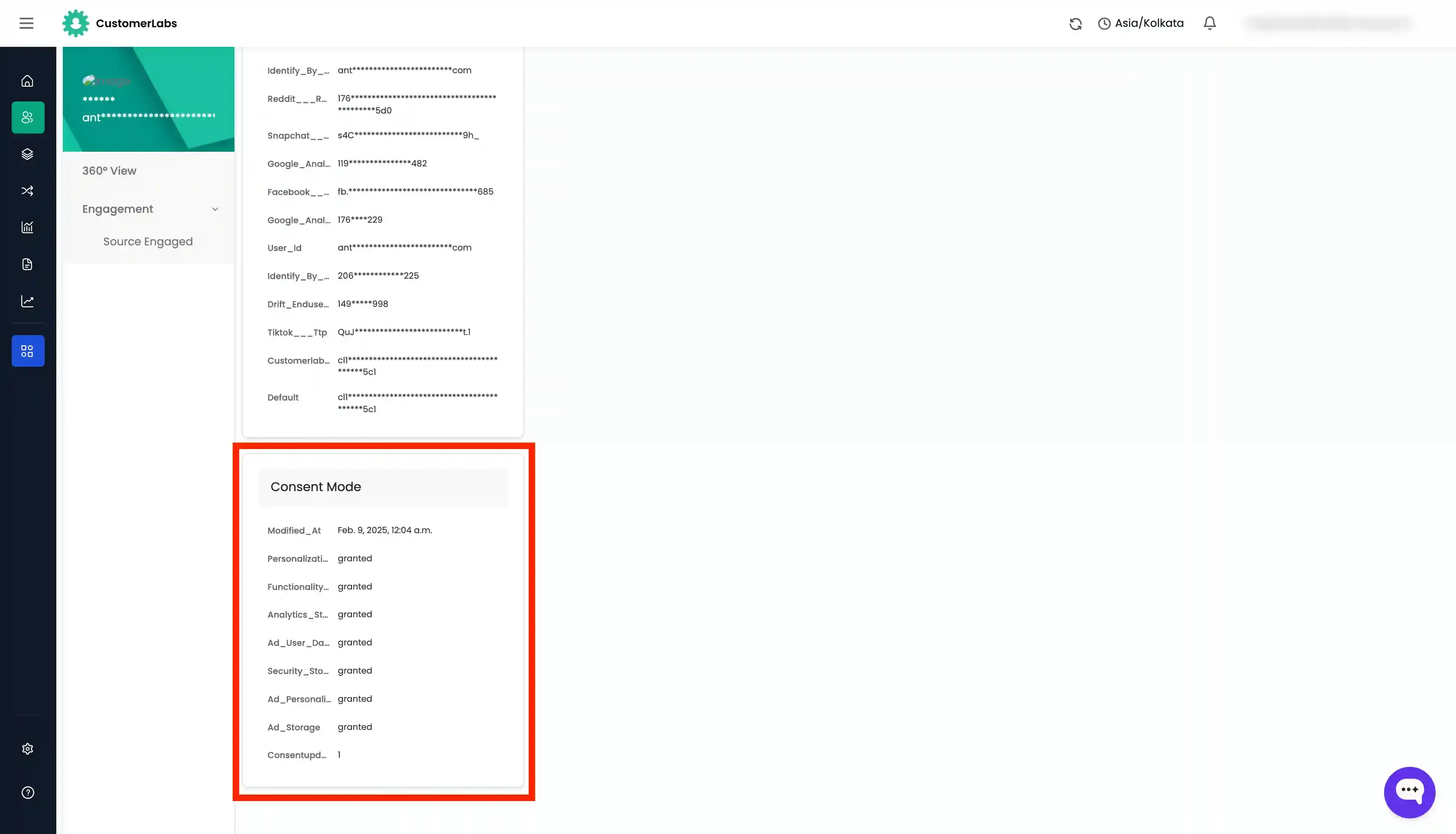 Consent Mode section showing user consent status