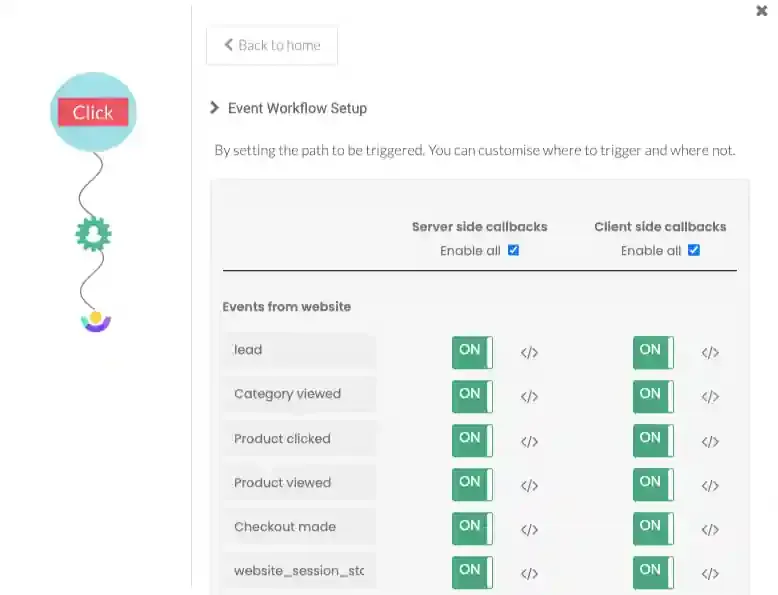 Event list with On/Off toggles for Customer.io forwarding