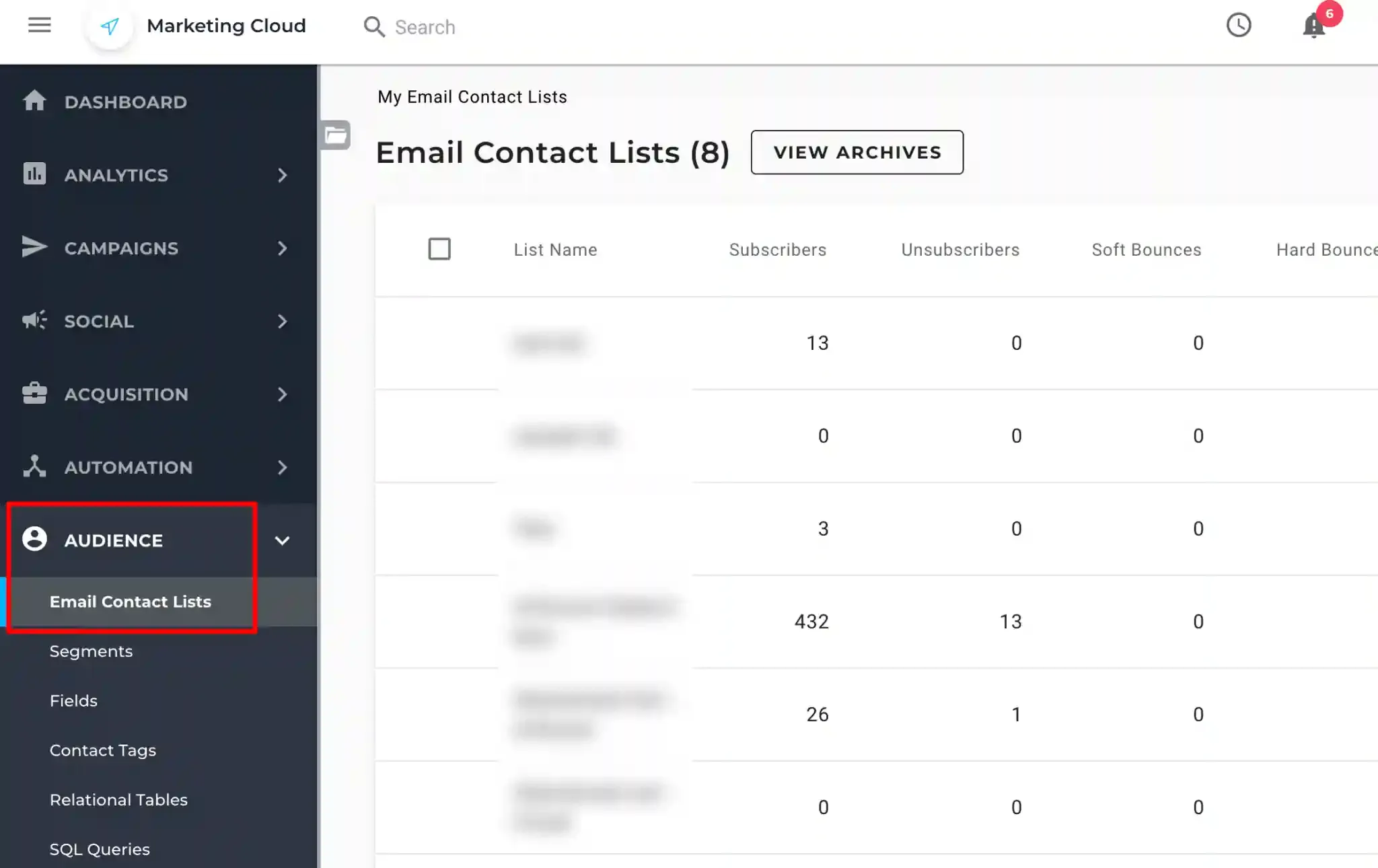 Maropost Audience → Email Contact Lists section