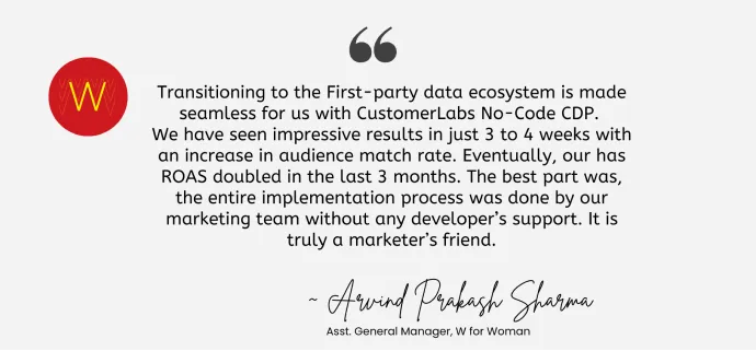 The image contains the testimonial for Customerlabs 1PD Ops, the best CDP, given by Arvind Prakash Sharma, Asst. General Manager, W for Woman,