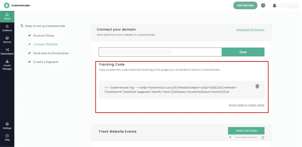 Customerlabs 1PD Ops dashboard tracking code step 2 connect website