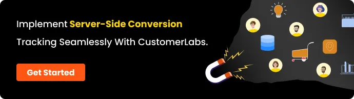 CTA with the text implement server-side conversion tracking seamlessly for both your website and offline with Customerlabs 1PD Ops - Get Started. Infographic showing a magnet attracting conversions on the server-side