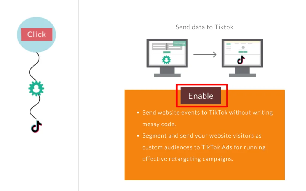 "Instruction screen showing a flow diagram and an 'Enable' button to activate TikTok data sending. Highlights benefits like sending website events and custom audiences."