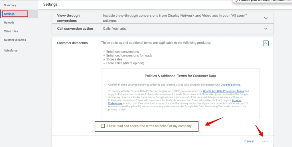 This image explains the settings of policies & Additional terms for Customer Data