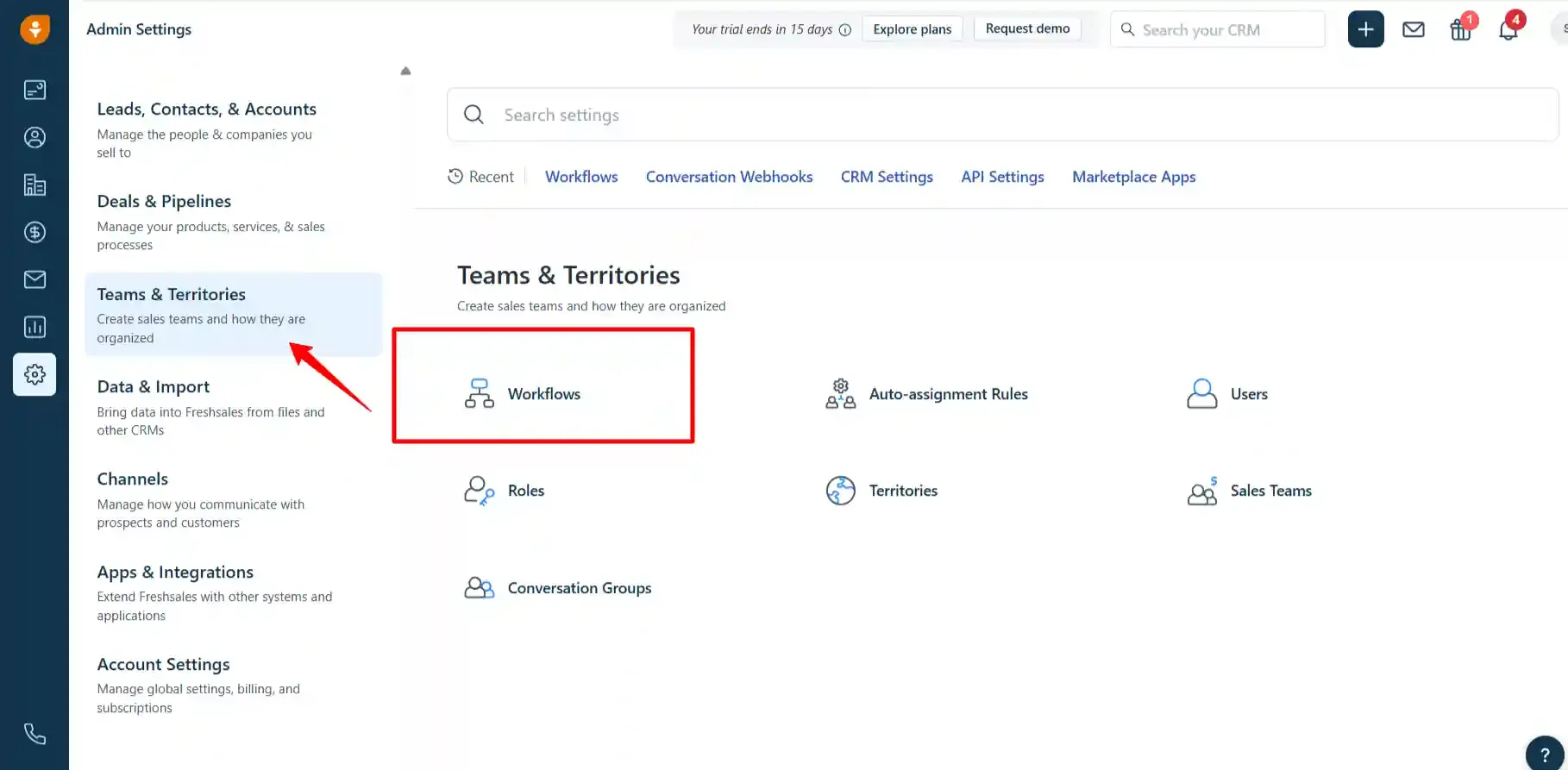 Freshsales Workflows section
