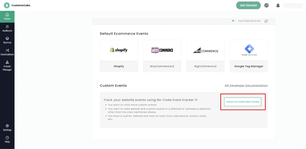 Screenshot of Customerlabs 1PD Ops dashboard showing WooCommerce, BigCommerce, Shopify Integrations and Launch No Code Event Tracker Button
