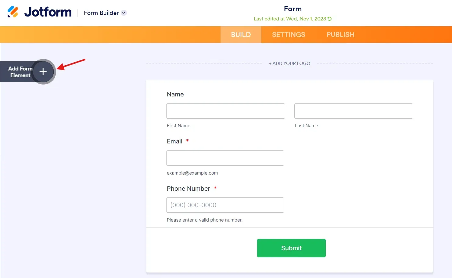 add form elements button in jotform