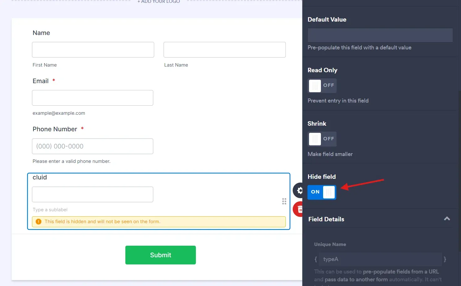 advanced settings to make field hidden