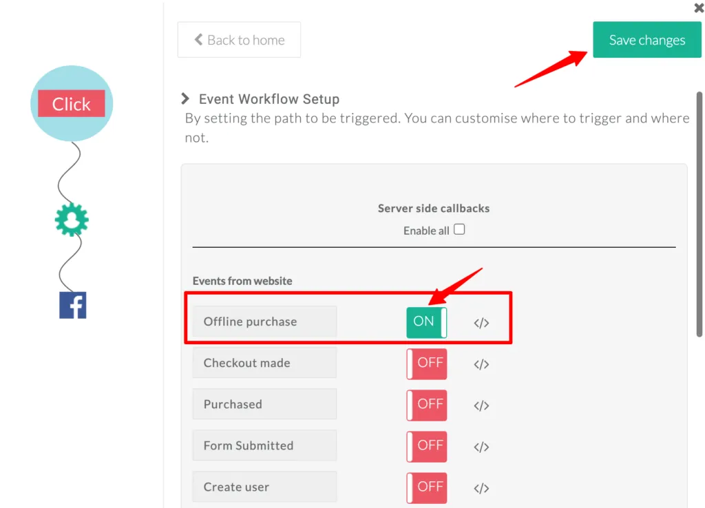 toggle which offline events you want to send, helping you manage which events are included,