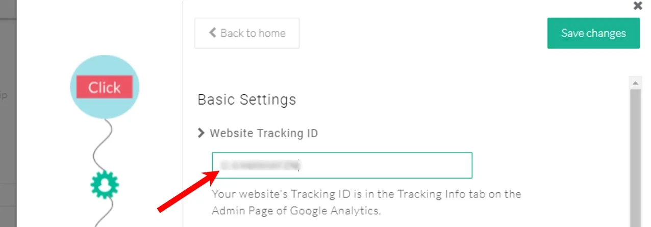 This image shows that the copied measurement id should be pasted in the website tracking id field