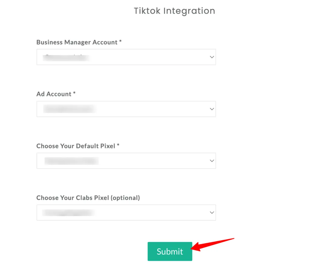 "Full TikTok setup form with Business Manager, Ad Account, and Pixel dropdowns. A green 'Submit' button is highlighted."