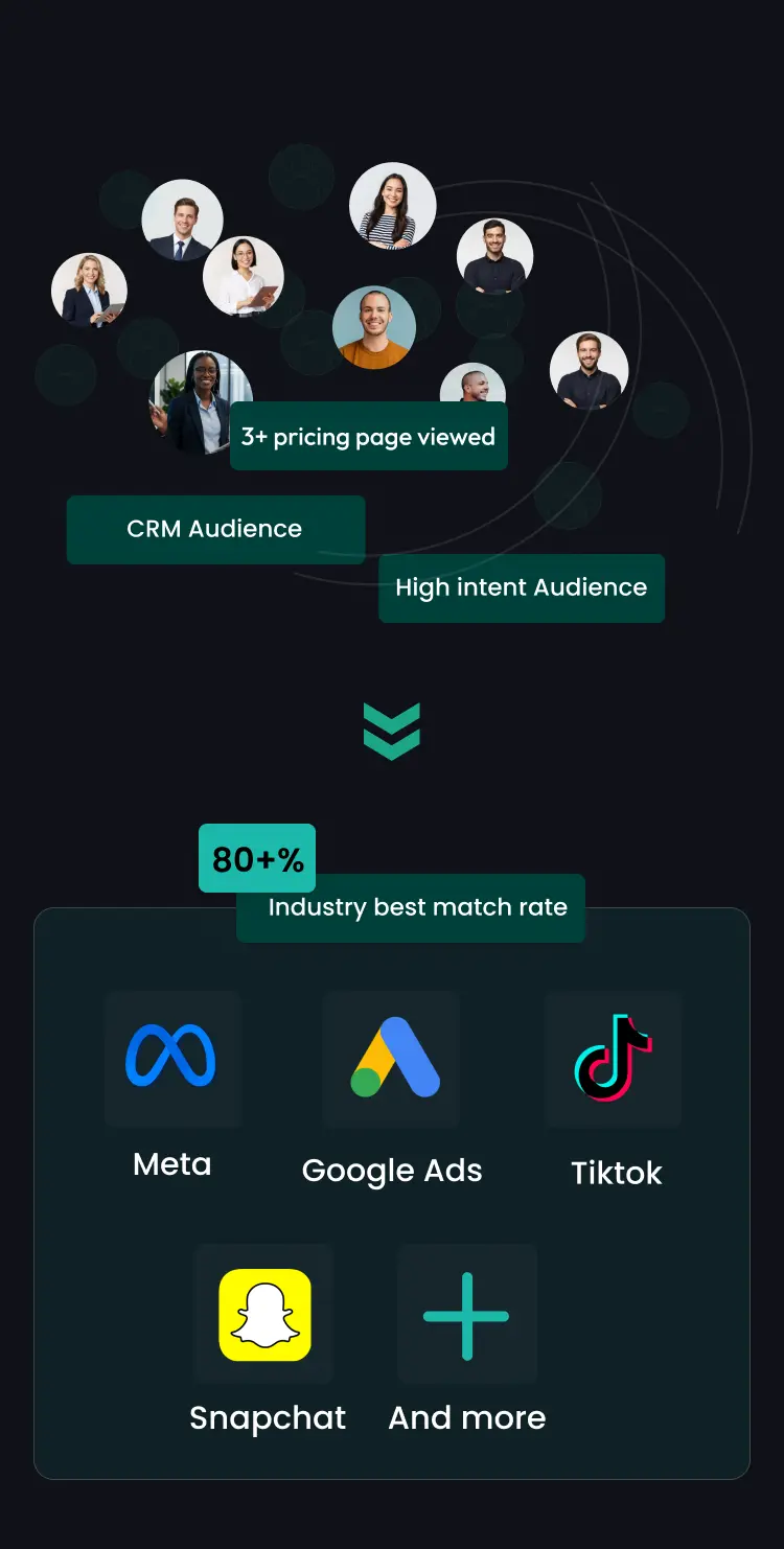 CustomerLabs audience activation — audience clusters with people profiles syncing to Meta, Google Ads, TikTok, Snapchat and more with 80%+ match rate