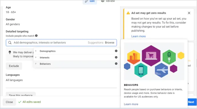 Screenshot of Behavior targeting options with which marketers can make use of. This helps you target your audience in the right way on Facebook Ads based on the behavioral purchase or intent of a user.