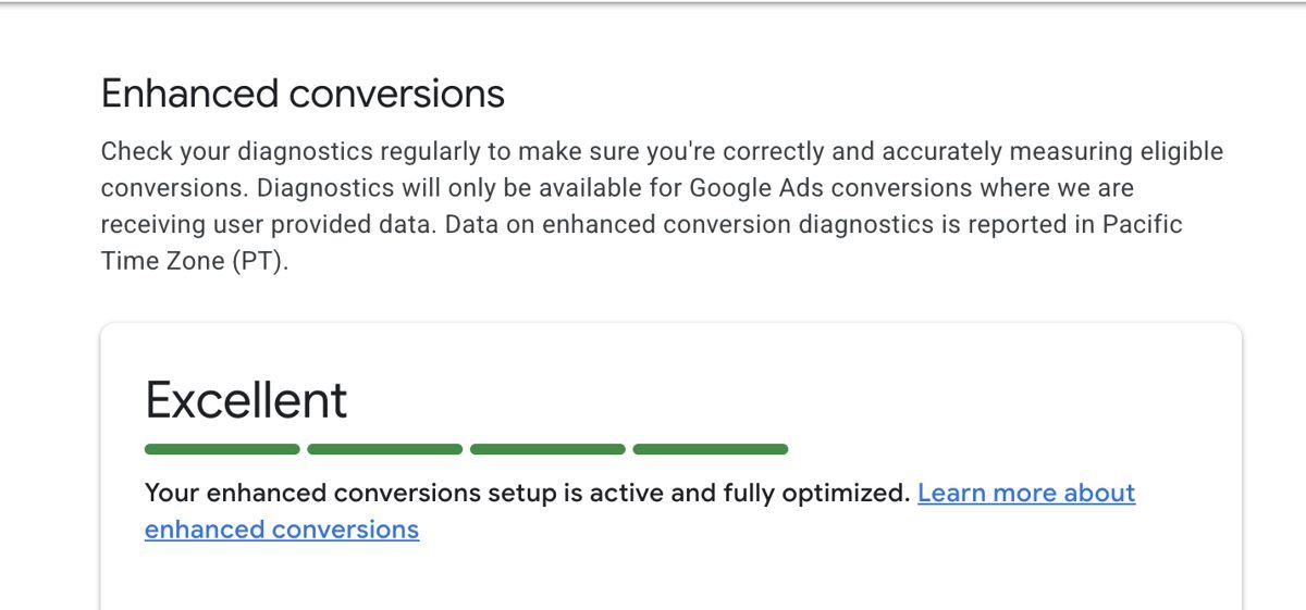 Enhanced conversions setup diagnostics