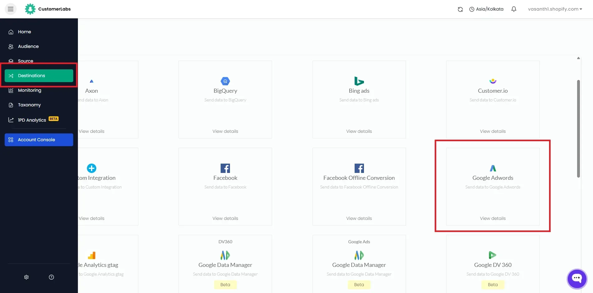 Choose destination in customerlabs as google ads