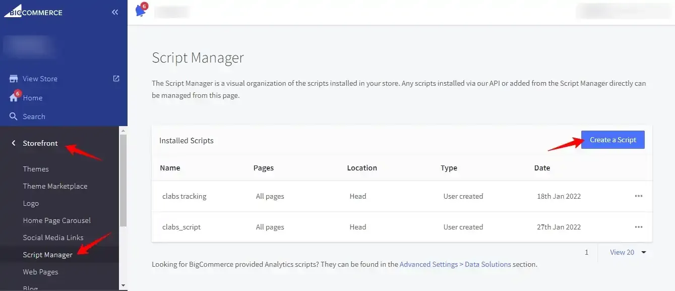 Configure script settings in bigcommerce