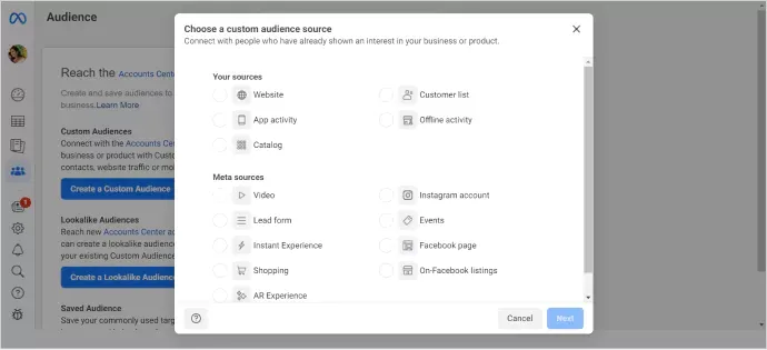 Screenshot of Custom Audience options with which marketers can make use of. This helps you target your audience in the right way on Facebook Ads. These audiences are those who have already shown interest in your businesses or products.