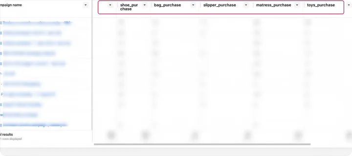 Custom reporting view of a shoe purchase category with spend, revenue and ROAS