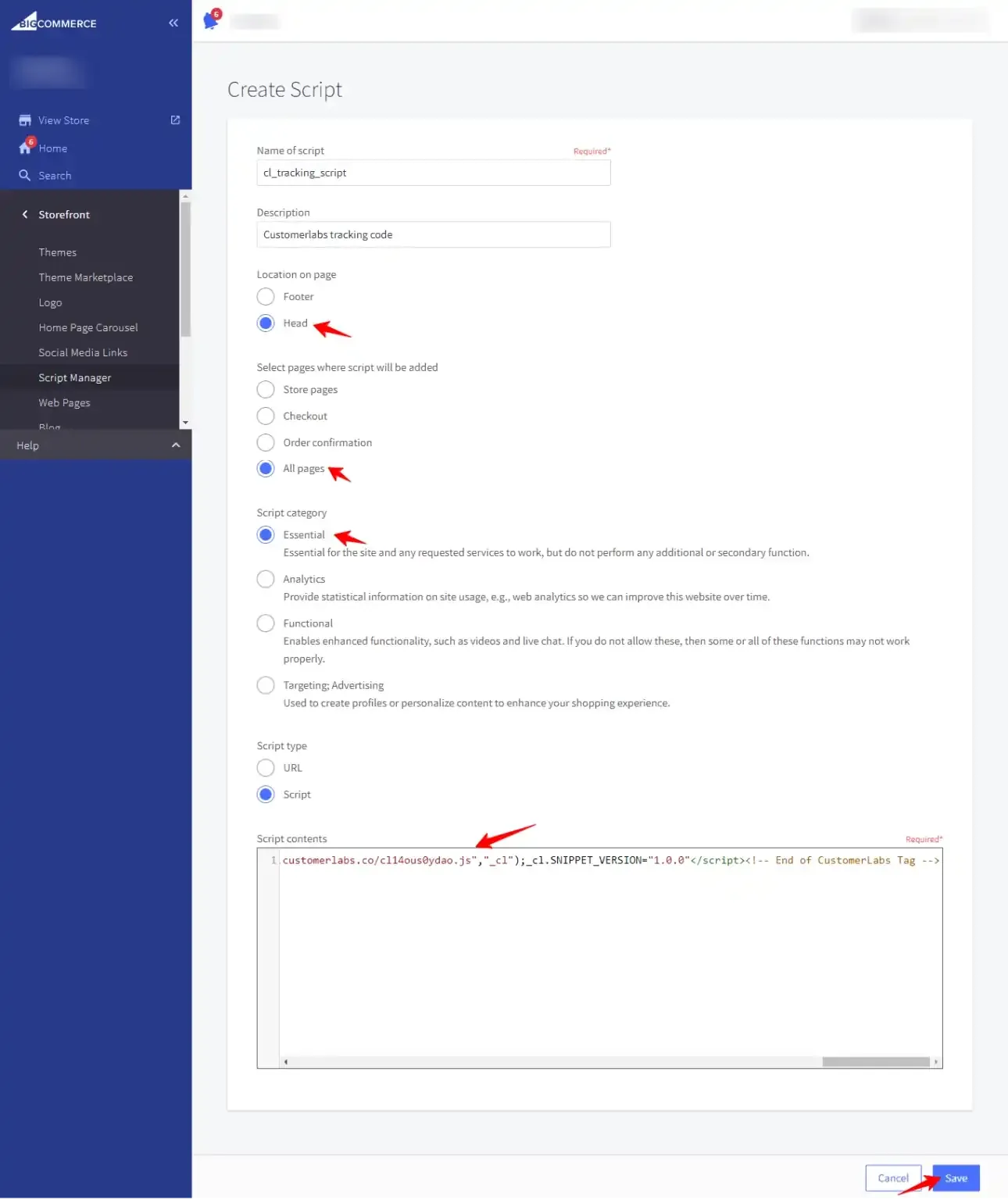 BigCommerce tracking script configuration