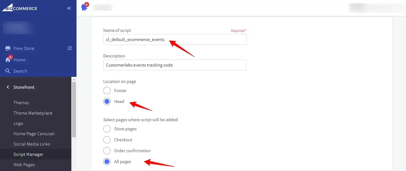 BigCommerce default events script configuration