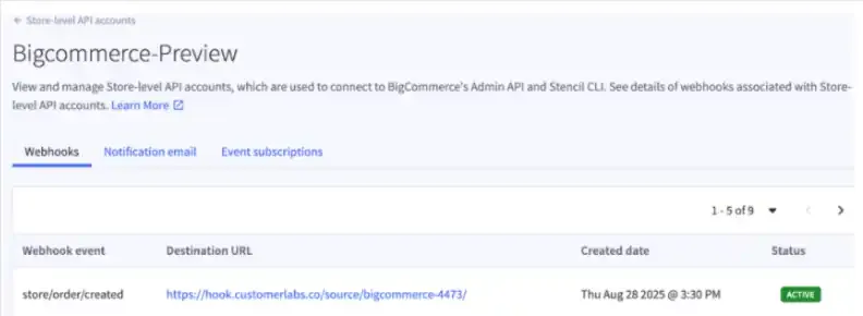 BigCommerce active webhook configuration