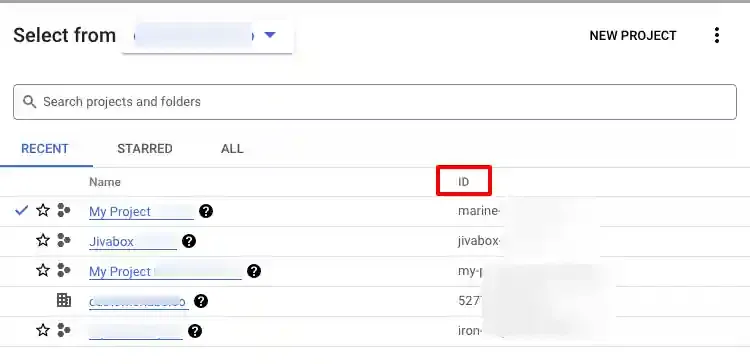 GCP project list showing Project IDs