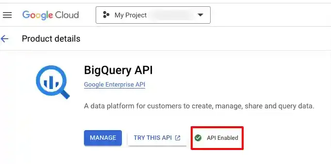 BigQuery API page showing API Enabled status