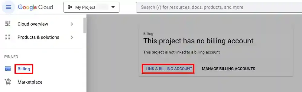 GCP Billing page showing Link a Billing Account option