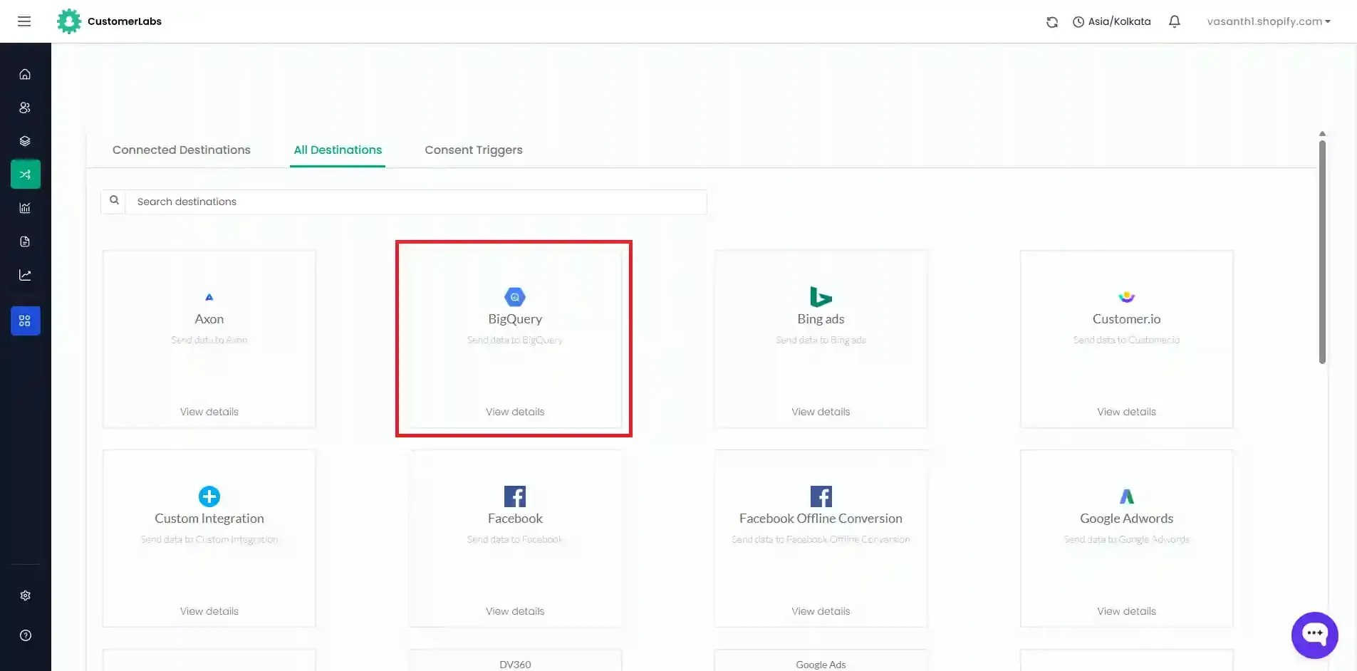 CustomerLabs All Destinations page with BigQuery highlighted