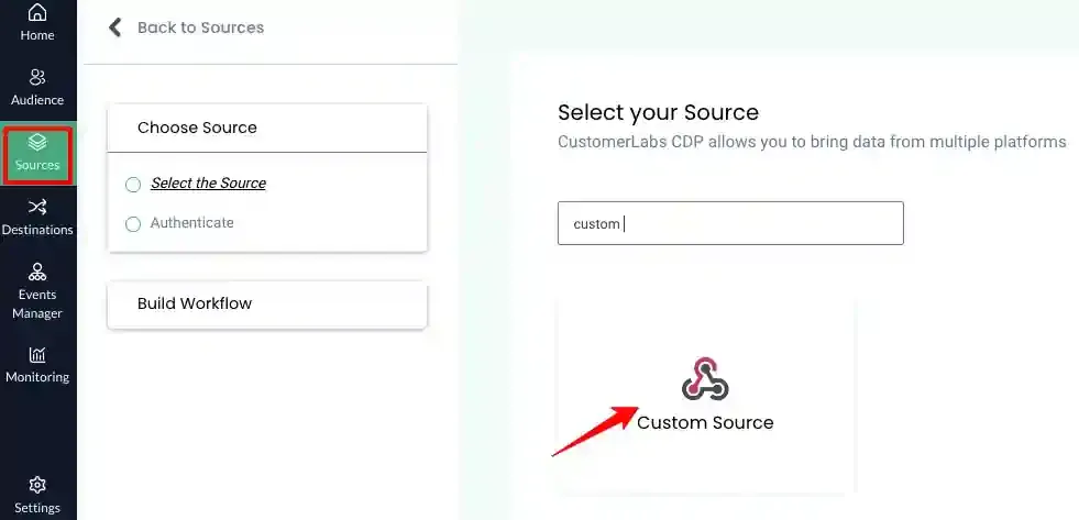 connect source tab with custom source option