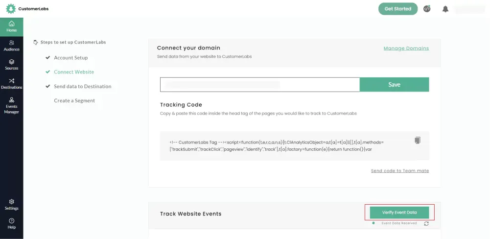 Customerlabs 1PD Ops Dashboard showing Verify Event Data for all the conversion events tracked