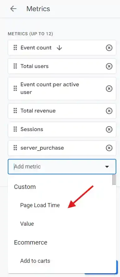Custom metric selected
