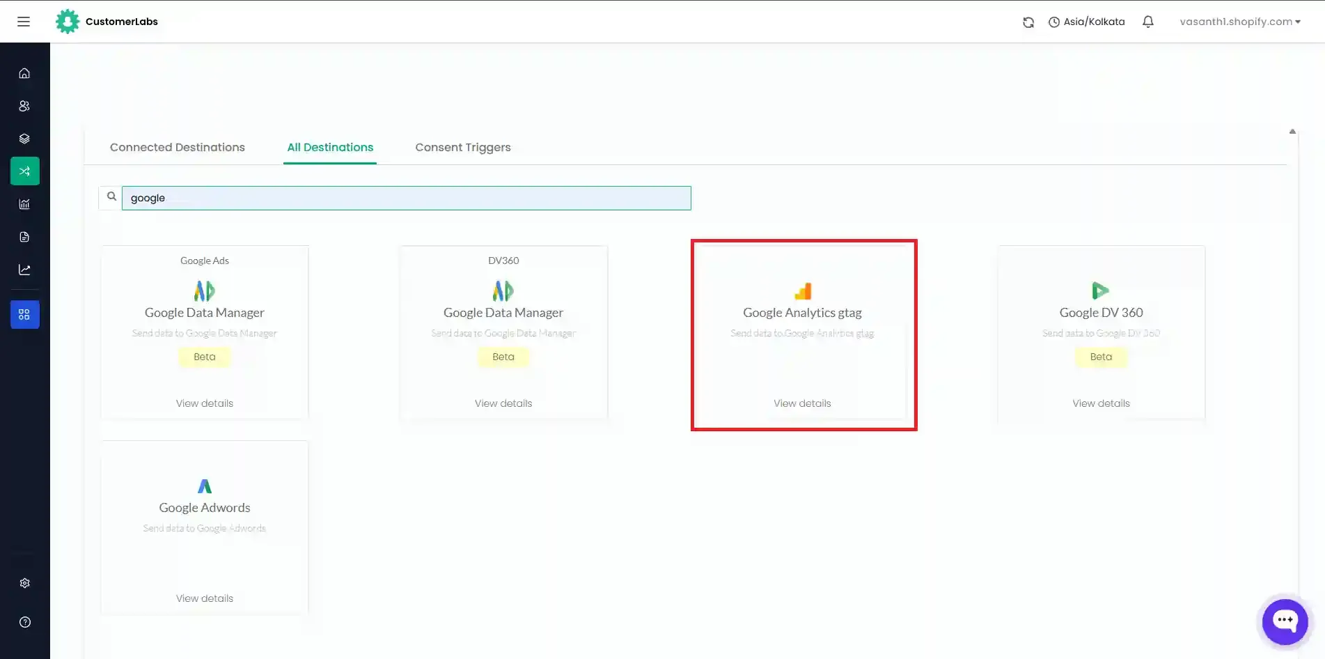 Select Google Analytics gtag from Destinations