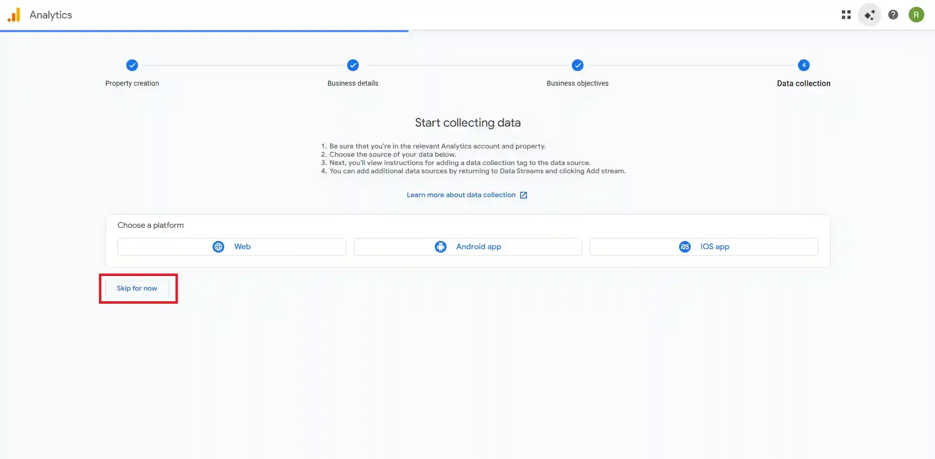 Skip data collection platform selection
