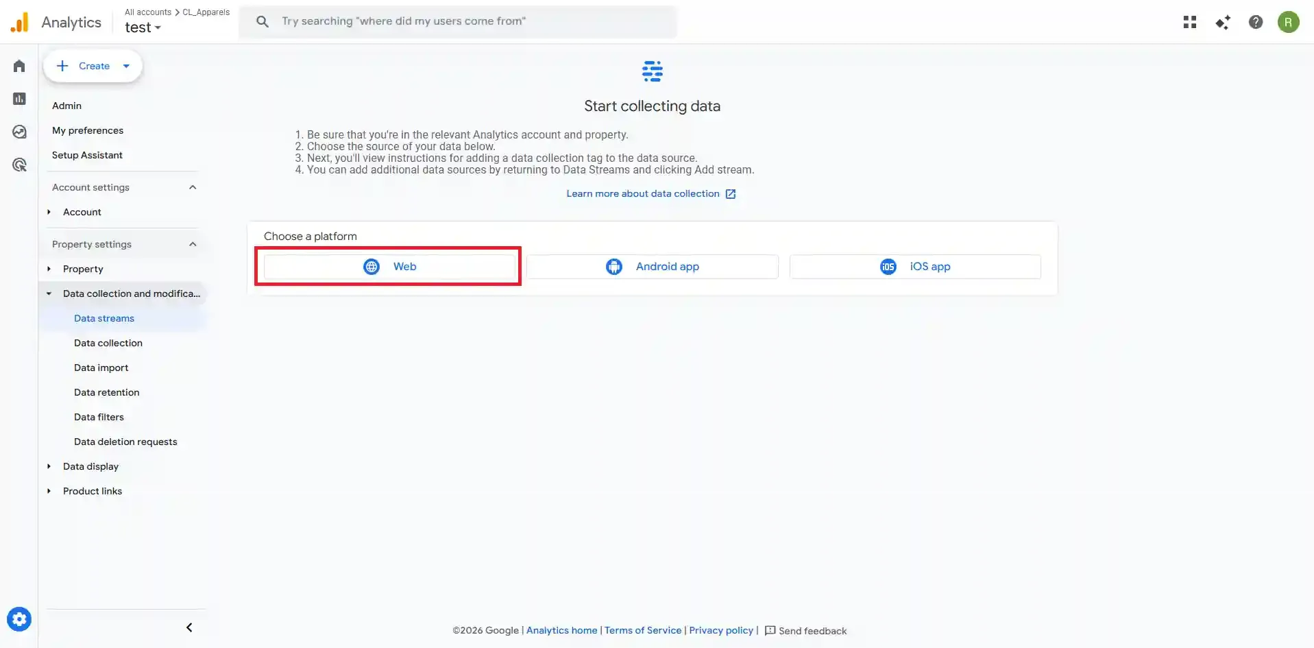 Navigate to Data Streams in GA4 Admin