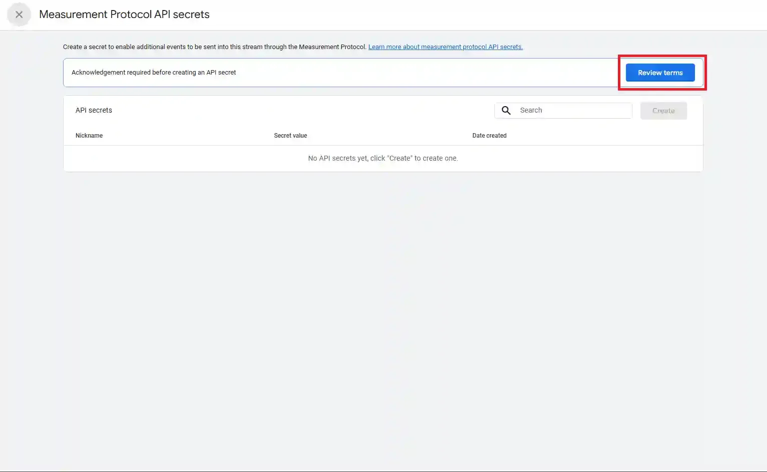 Measurement Protocol API Secrets section