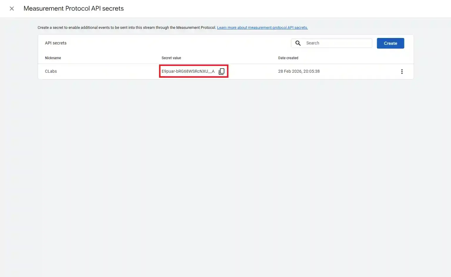Copy the generated API secret value