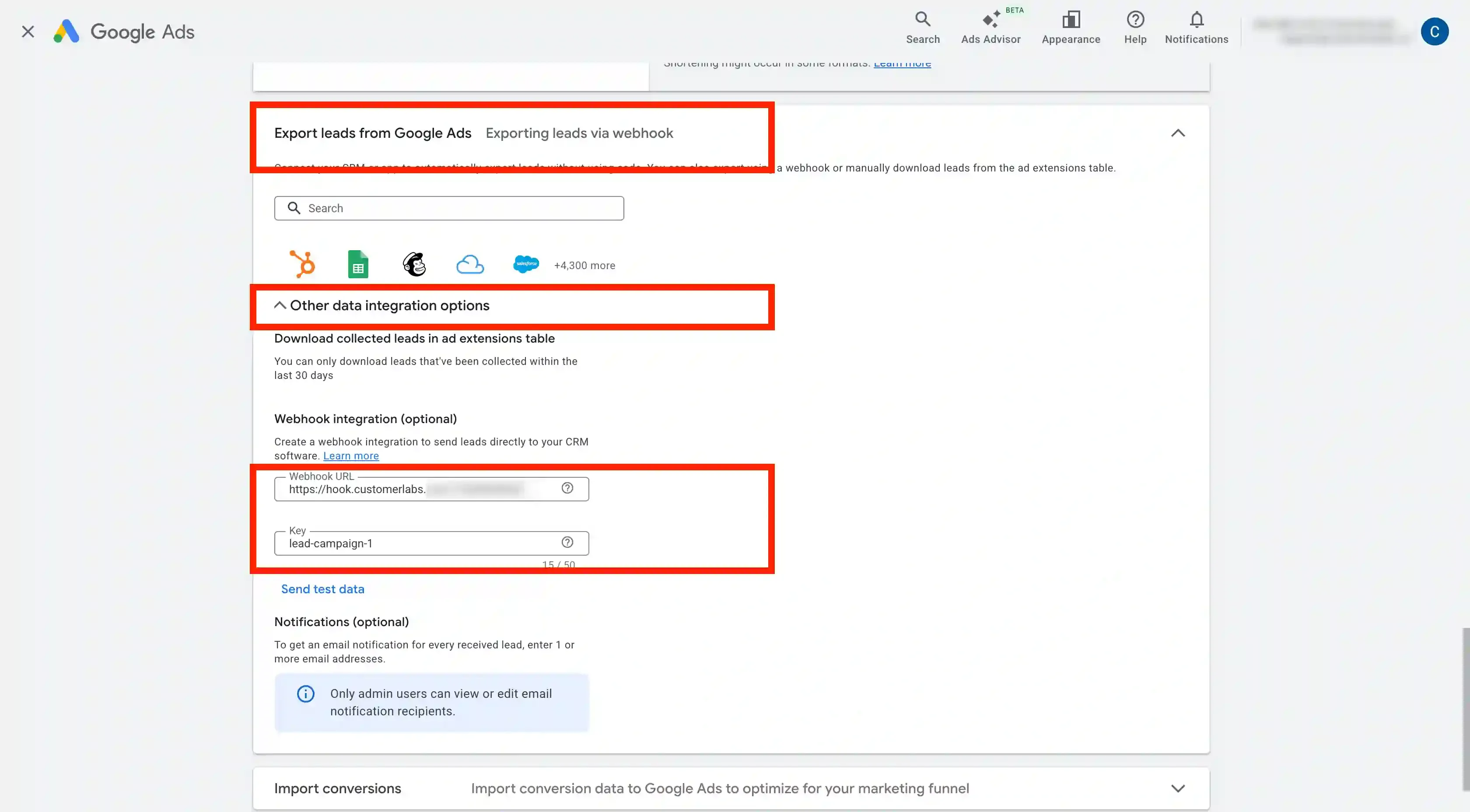 Import Google Ads Leads to Customerlabs 1PD Ops