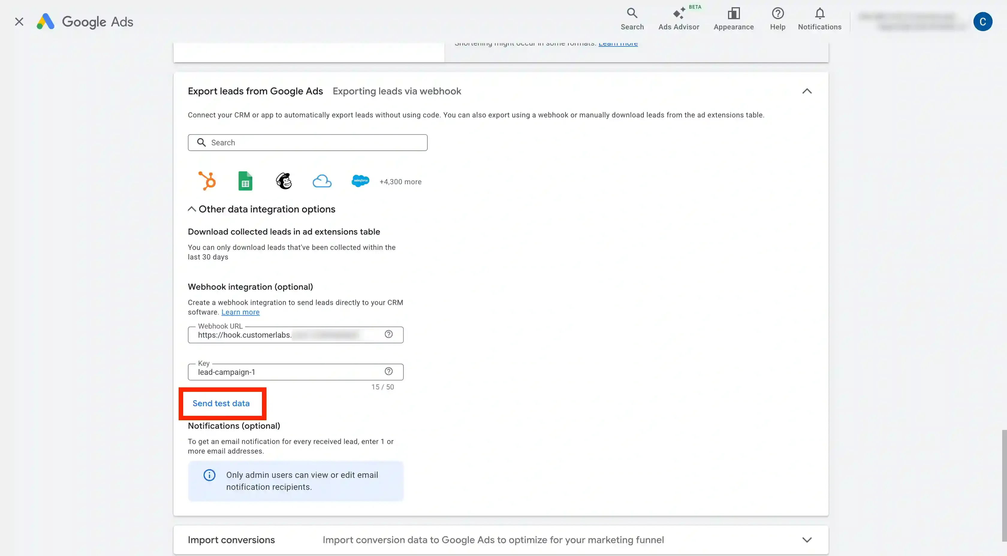 Import Google Ads Leads to Customerlabs 1PD Ops