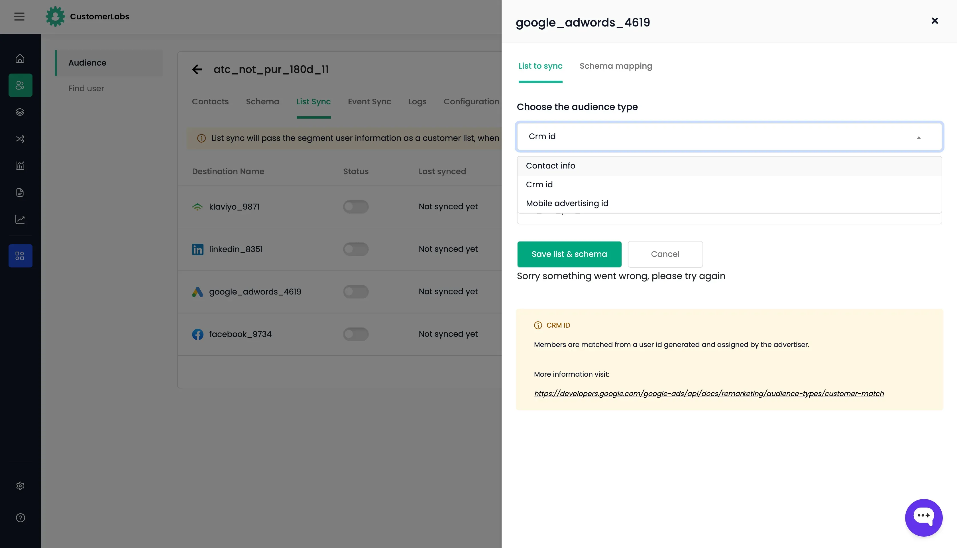 Choose the audience list for Google Ads