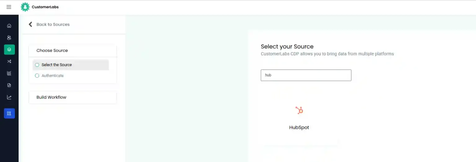 Sources screen with HubSpot selected
