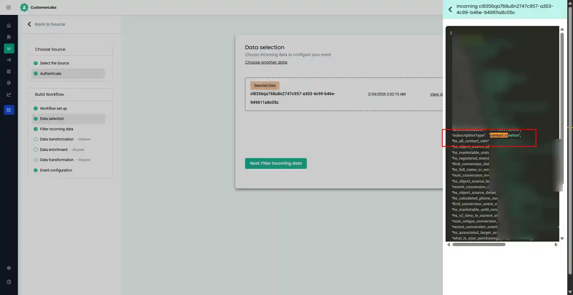 Raw event sample showing single property