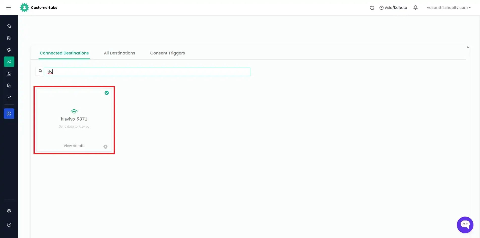 CustomerLabs Destinations page with Klaviyo highlighted