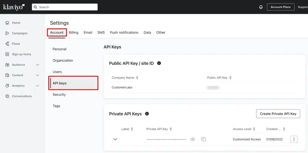 Klaviyo Settings -> Account -> API keys