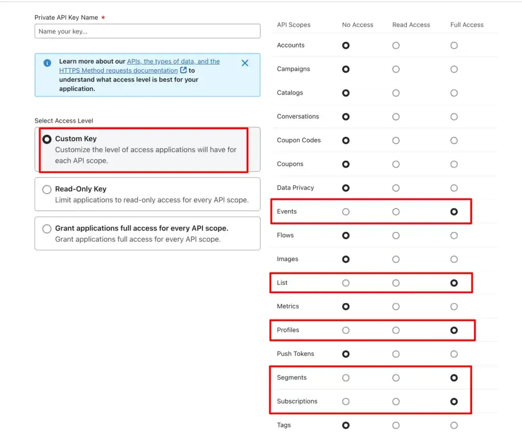 Create Private API Key modal