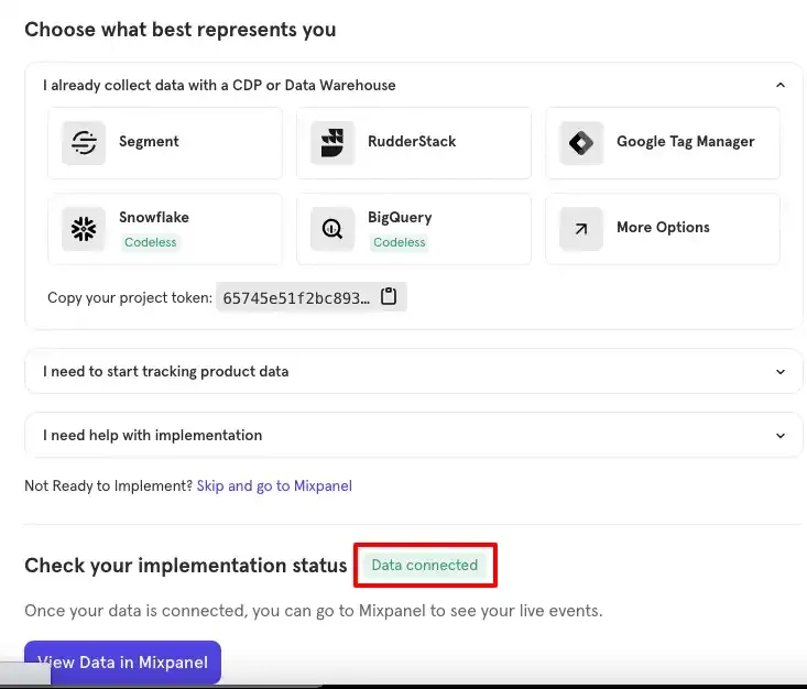 Mixpanel Data Connected Status