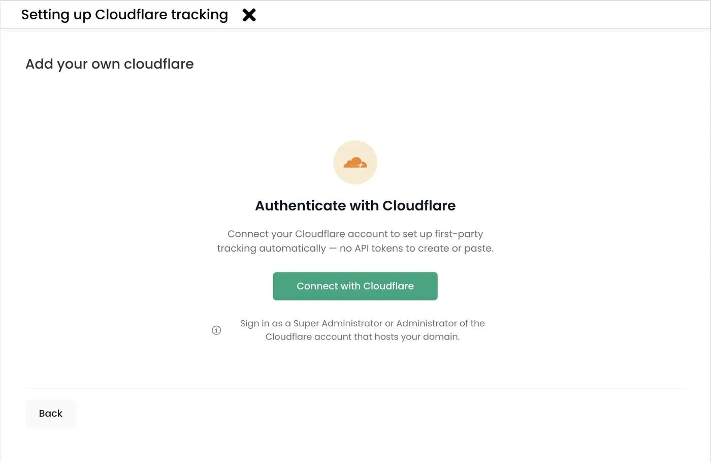 Authenticate with Cloudflare screen with the Connect with Cloudflare button